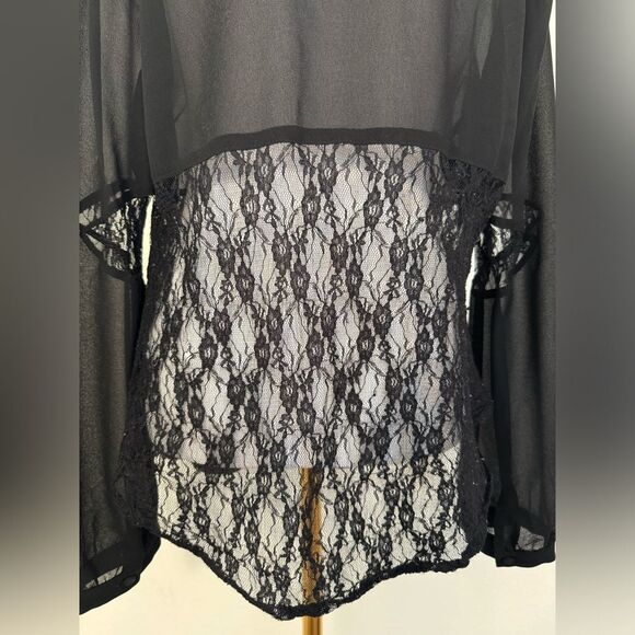 Anthropologie Lush Black Long Sleeve Sheer Top Lace Accents Women’s Size Medium - Picture 10 of 15